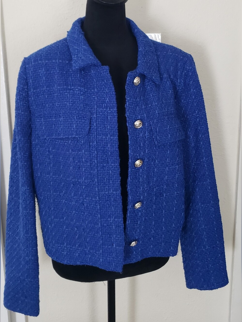Electric Blue Bouclé Jacket with Gold Buttons